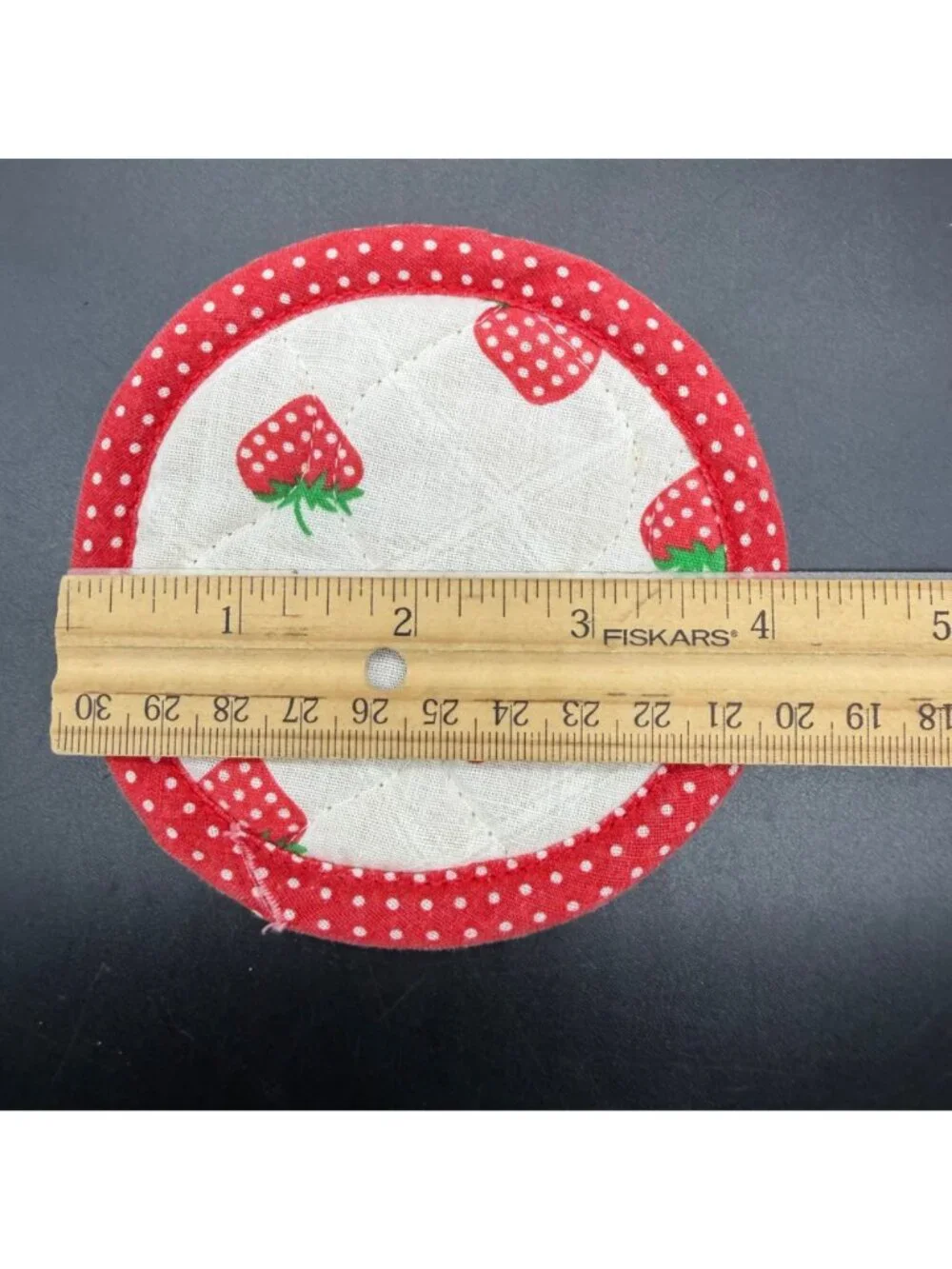 Quilted Strawberry Coasters Wood Holder Farmhouse Cottage Set Of 6 Polka Dots